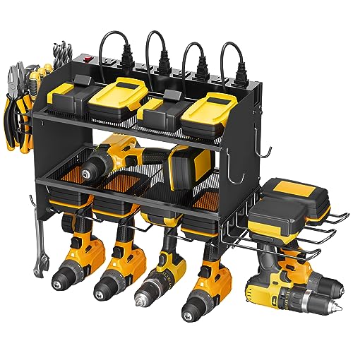 CCCEI Modular Power Tool Organizer Wall Mount Charging Station, Black 6 Drills Holder with 8 Plug Power Strip, Garage Drill Battery Heavy Duty Metal Shelf, Utility Rack with Hooks, Side Storage.
